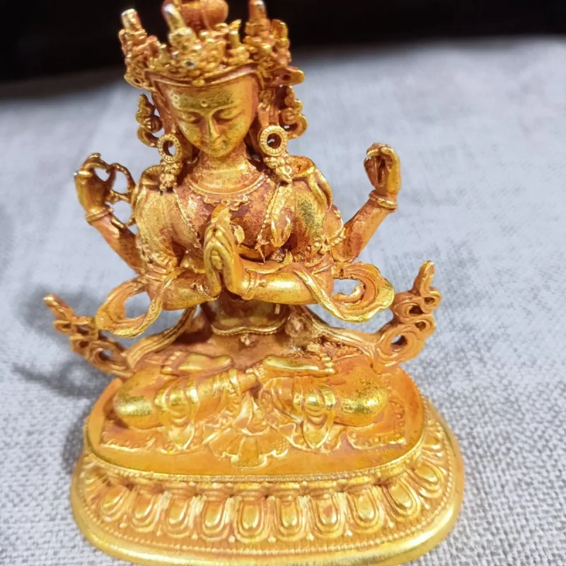 Vintage Guanyin Figurine Sitting on Lotus with Water Bottle, Guanyin Buddha Statue, Zizai Guanyin Home Decor Craft, Gilt Guanyin