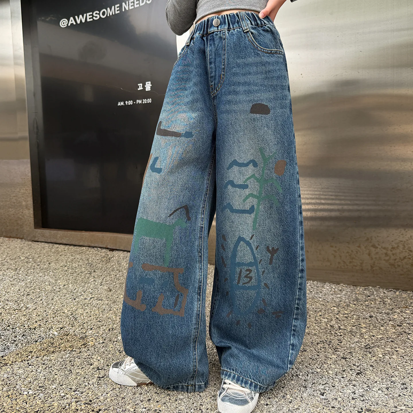 Teen Girls American-style Vintage Hip hop Ripped Graffiti Denim Pants Girl Summer Streetwear Trendy Design Loose Wide-leg Jeans