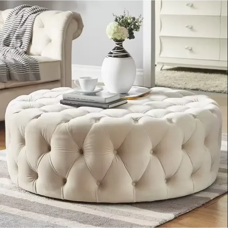 Round Velvet Footstool Tufted Cream Bench Soft Fabric Ottoman for Living Room Bedroom Home Decor Furniture Small Seat Stool