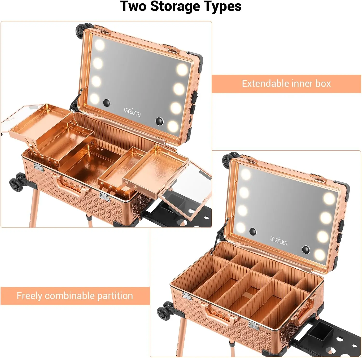 Mirror and Bluetooth Speaker Professional Cosmetic Organizer Case with Wheels, Stands Portable Makup Station Vanity view 6