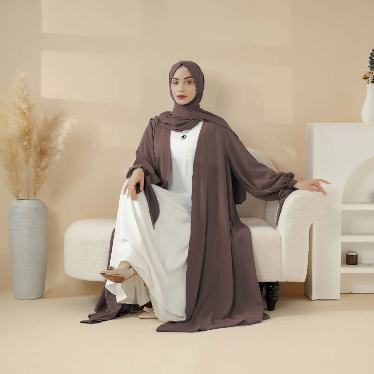 Uni muçulmano cor sólida gravata cintura modesta aberta abaya elegante feminino maxi comprimento vestido roupas islâmicas sem interior sem hjiba
