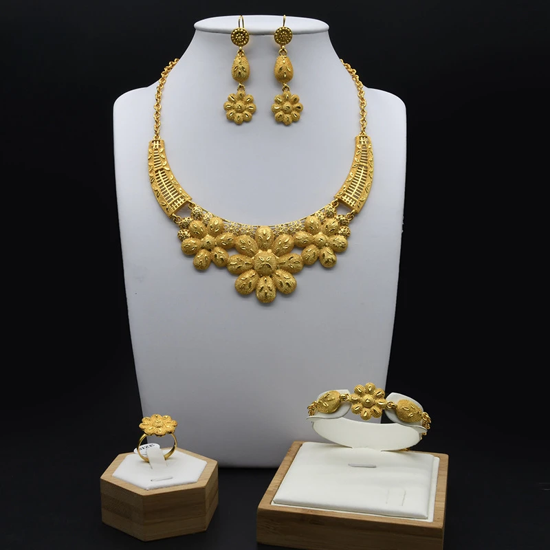 

Fashion Gold Color Jewelry Sets For Women Bridal Luxury Necklace Earrings Bracelet Ring Set Dubai African Wedding Gifts