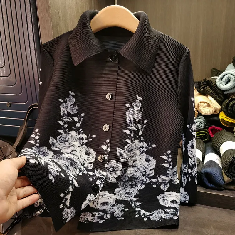 Miyake Pleated Shirt Senior Sense Fashion Lapel Jacket Women 2025 Spring New Commuter Flowers Printed Long-sleeved Pleated Tops