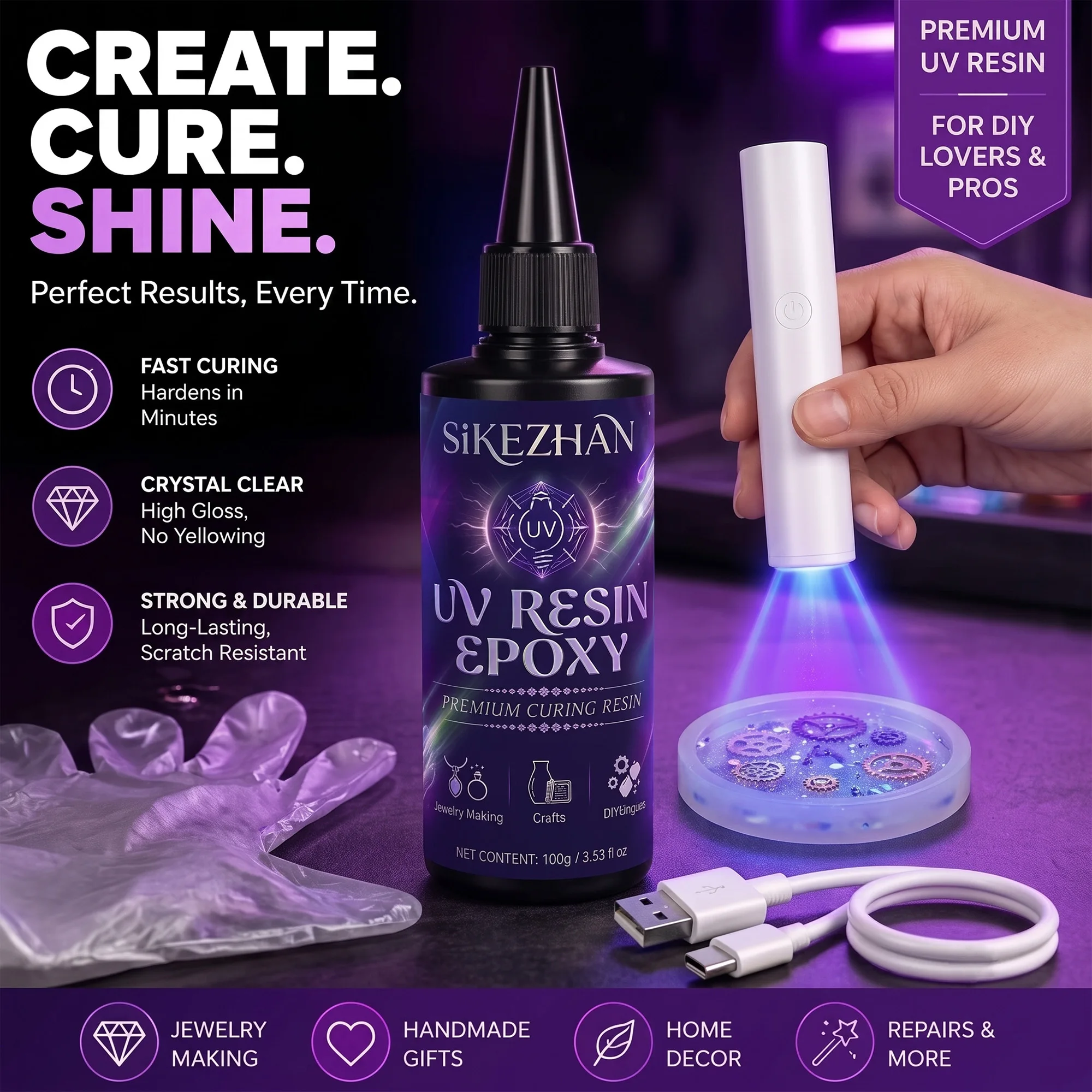 Epoxy Uv Resin Kit - Kit de Cola UV com Luz,