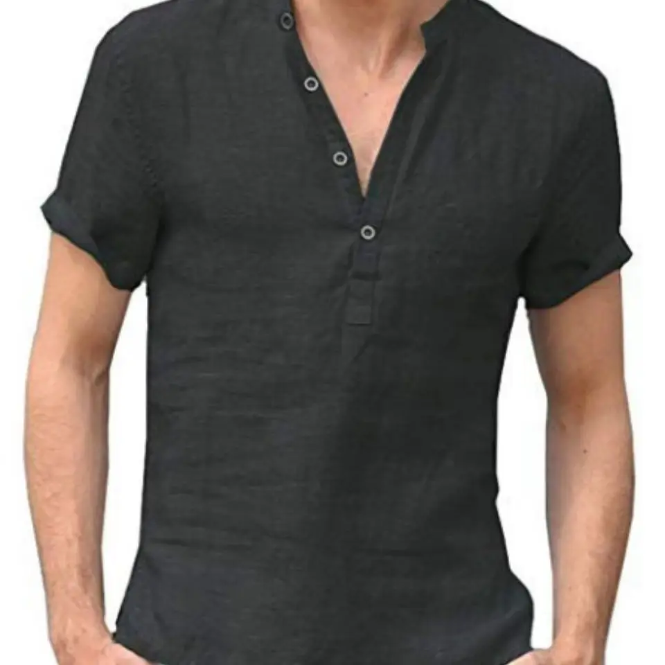 Summer New Cotton Linen Short Sleeve Men's T-Shirt Stand Collar Button Half Open Simple Short Sleeve Shirt Breathable Casual ...