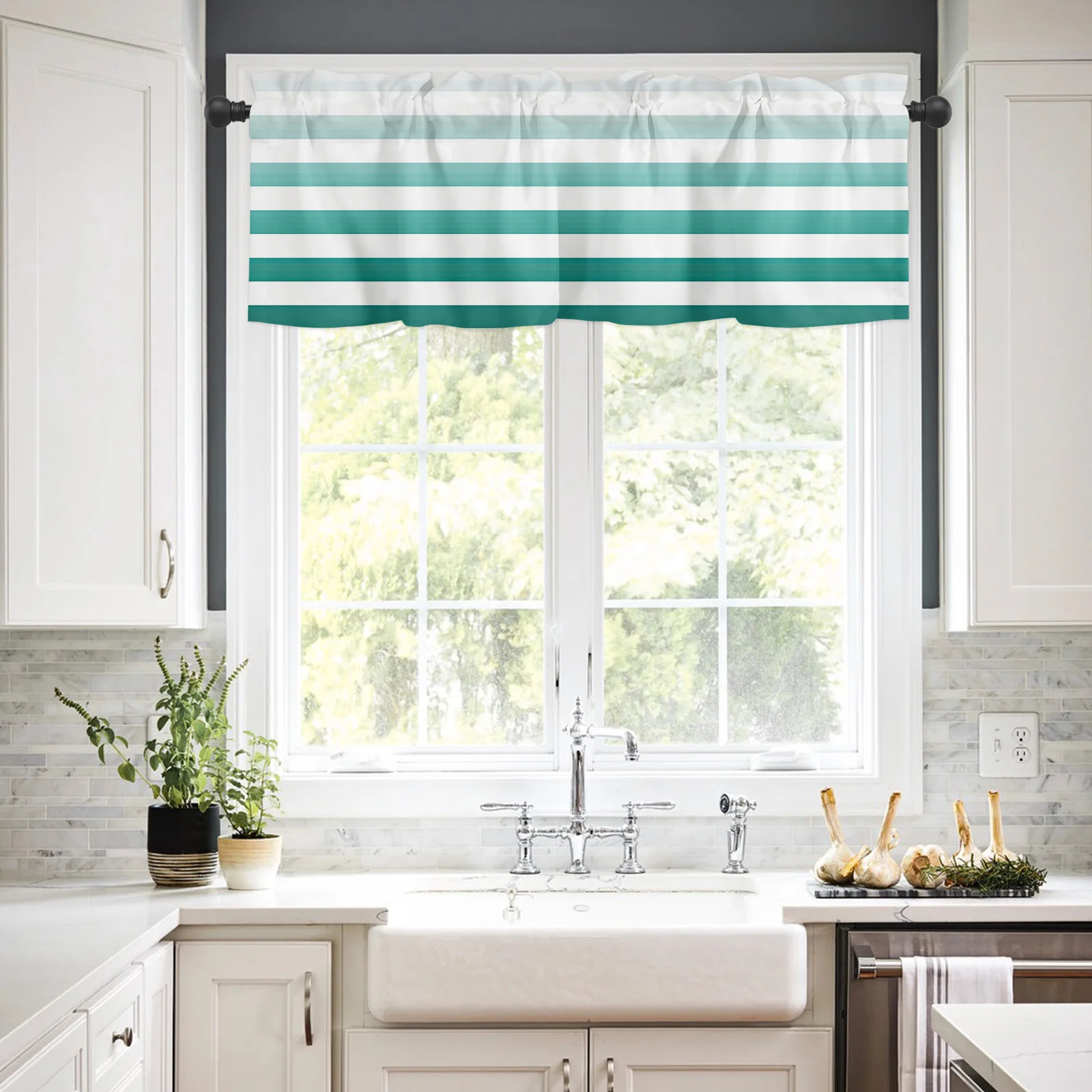 

ZEDLIYU Valances for Windows Kitchen Living Room Small Window Valance Ombre Teal White Stripe 1 Panel