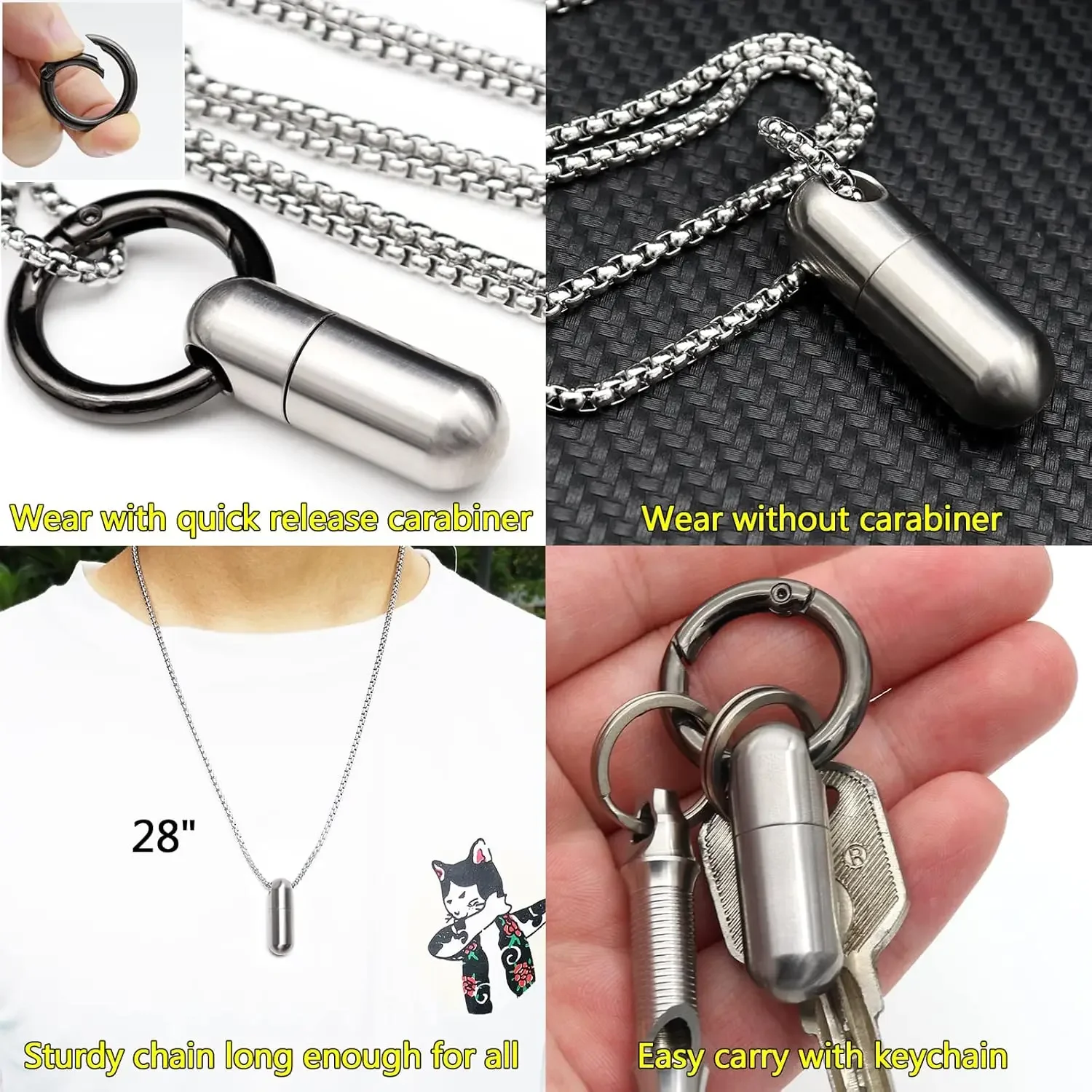 FEGVE Titanium Pill Box Necklace, Small Waterproof Mini Pill Case