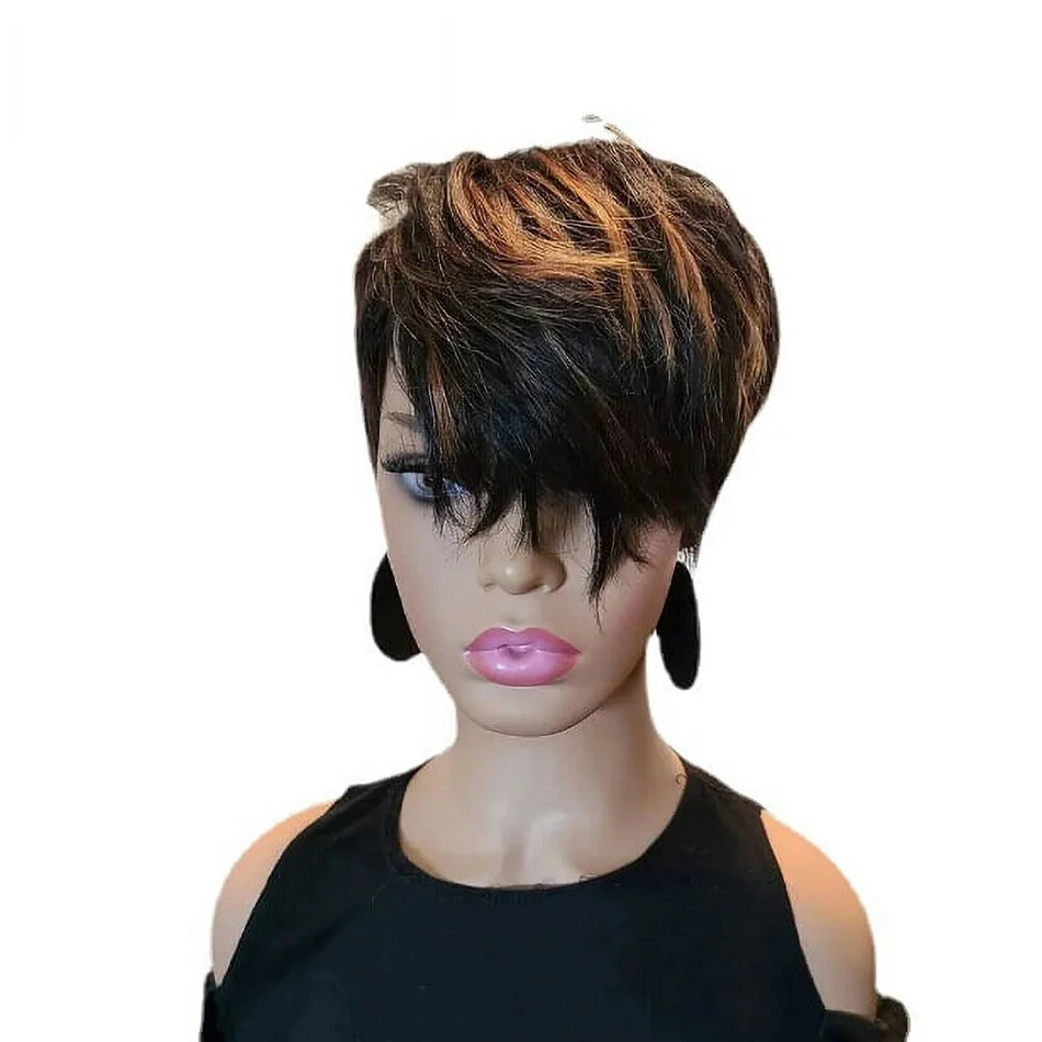 

1B/30 Mixed Black & Brown Colored Pixie Cut Wig Short Straight Peruvian Human Hair Wig with Bangs Layered Haircut Glueless Wig