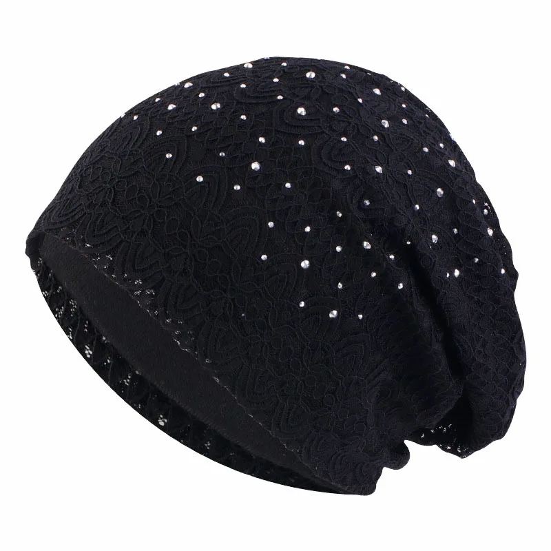 Mulheres elástico turbante muçulmano rendas strass hijab islam sono noite caps quimio pulôver chapéu senhoras cachecol headwrap baggy beanies