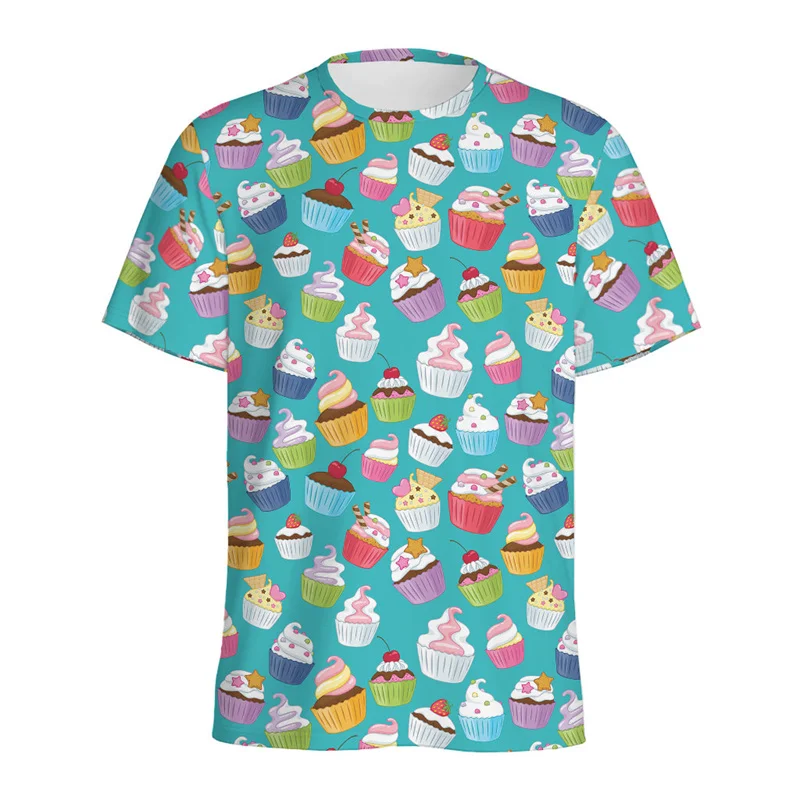 Cartoon Cupcake Pattern T Shirt For Men Summer Casual Round Neck Short Sleeve 3d Printed Food Oversized Tees Tops Kids T-Shirt