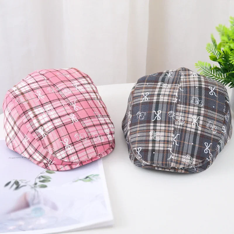 

New Plaid Beret Hat for Women - British Style Bear Bow Fashionable & Versatile Streetwear Caps