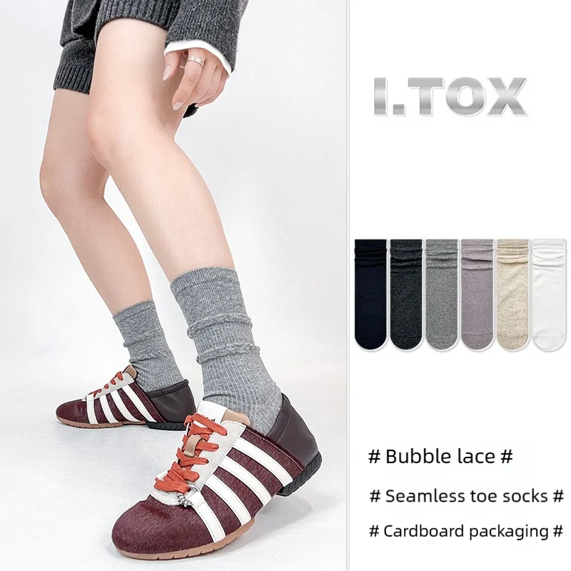 2026 Early Spring Women's Stacking Socks Japanese Style Seamless Cotton Solid Color Bubble Edge Fashion Ins Trendy Mid Calf Sock