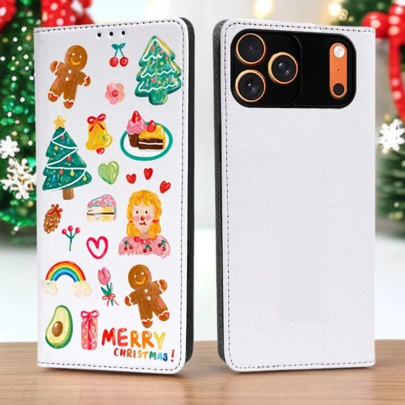 

Creative Christmas Pattern Leather Phone Cover for iPhone Air 17 16e 15 Plus 14 Pro Max with Built-in Wallet Card Case Slots