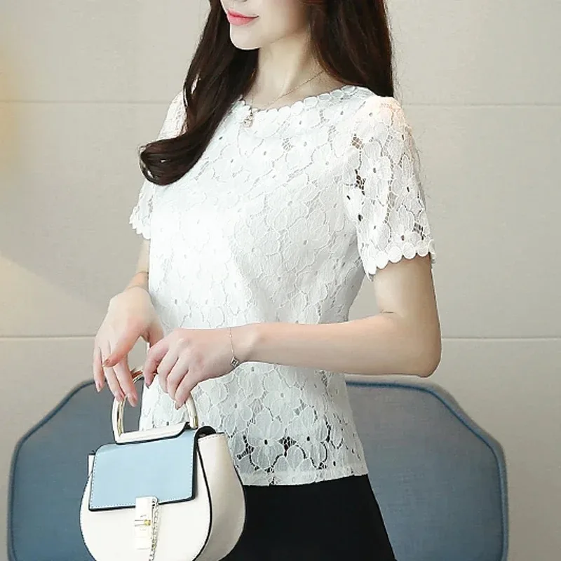 Casual O-neck Women\'s Clothing Fashion Hook Hollow Flower Blouse Summer Short Sleeve Shirt Elegant White Lace Tops Blusas D710