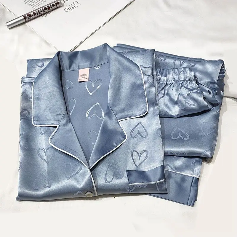 Women's Pajamas HomewearLong-Sleeved Trousers Simulation Silk Female Autumn and Winter Cardigan Lapel Student Pajamas Love Blue