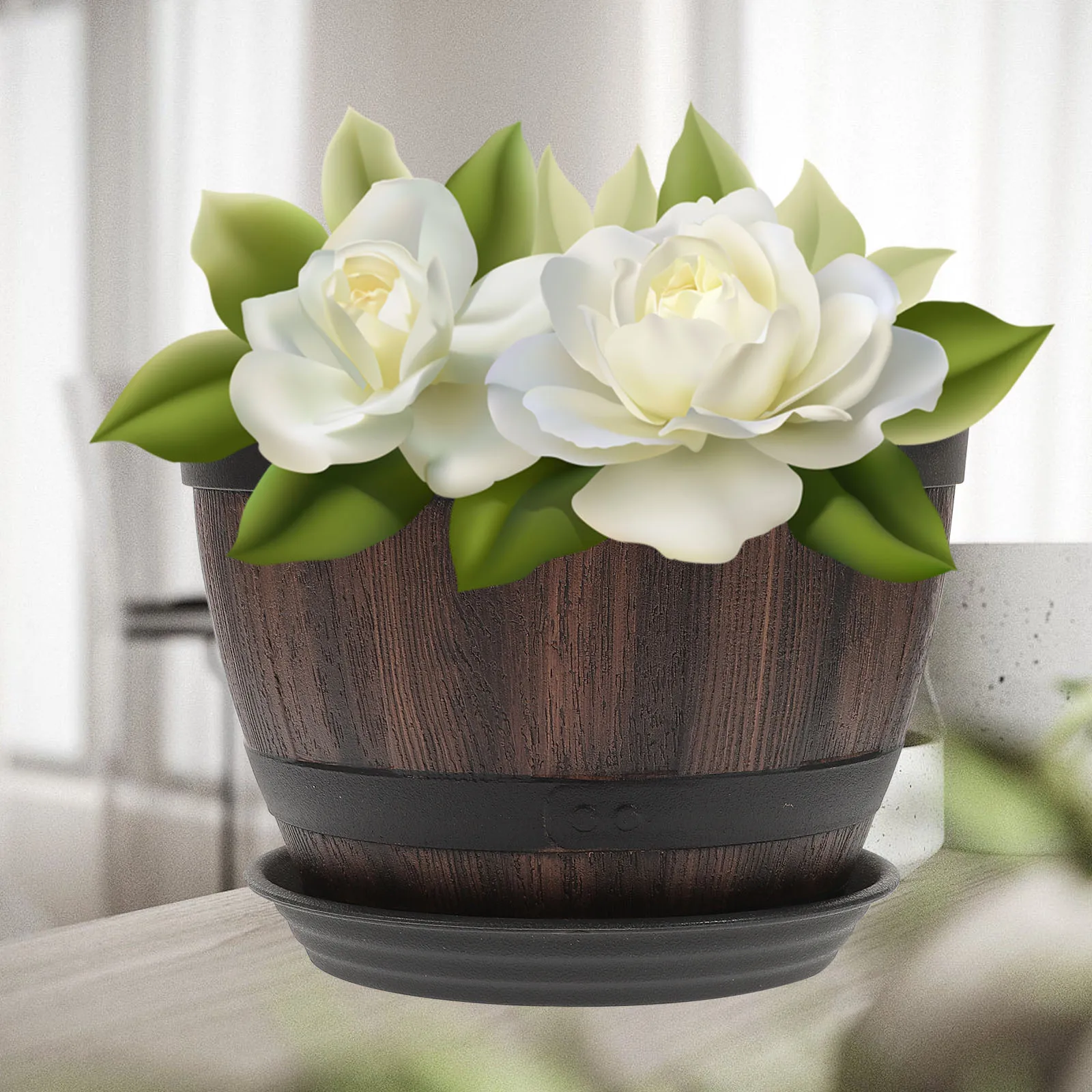 

2 set Imitation Wooden Flower Pot Drainage Holes Retro Plastic Planter For Indoor Outdoor Garden Faux Wood Planting Barrel