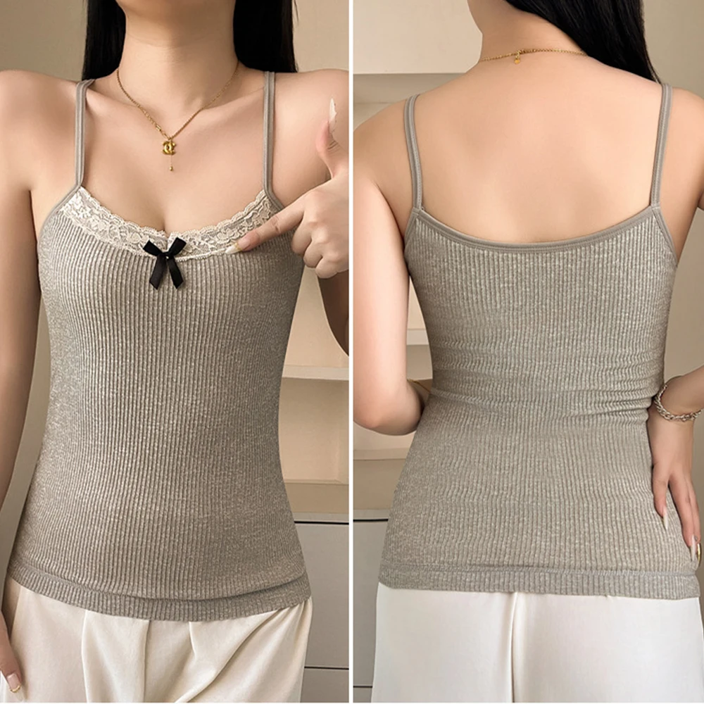 Tops más cálidos para mujer, Top corto dulce, camisola ajustada Sexy para mujer, camisetas sin mangas con diseño de Nudo de mariposa de encaje, ropa interior térmica para mujer