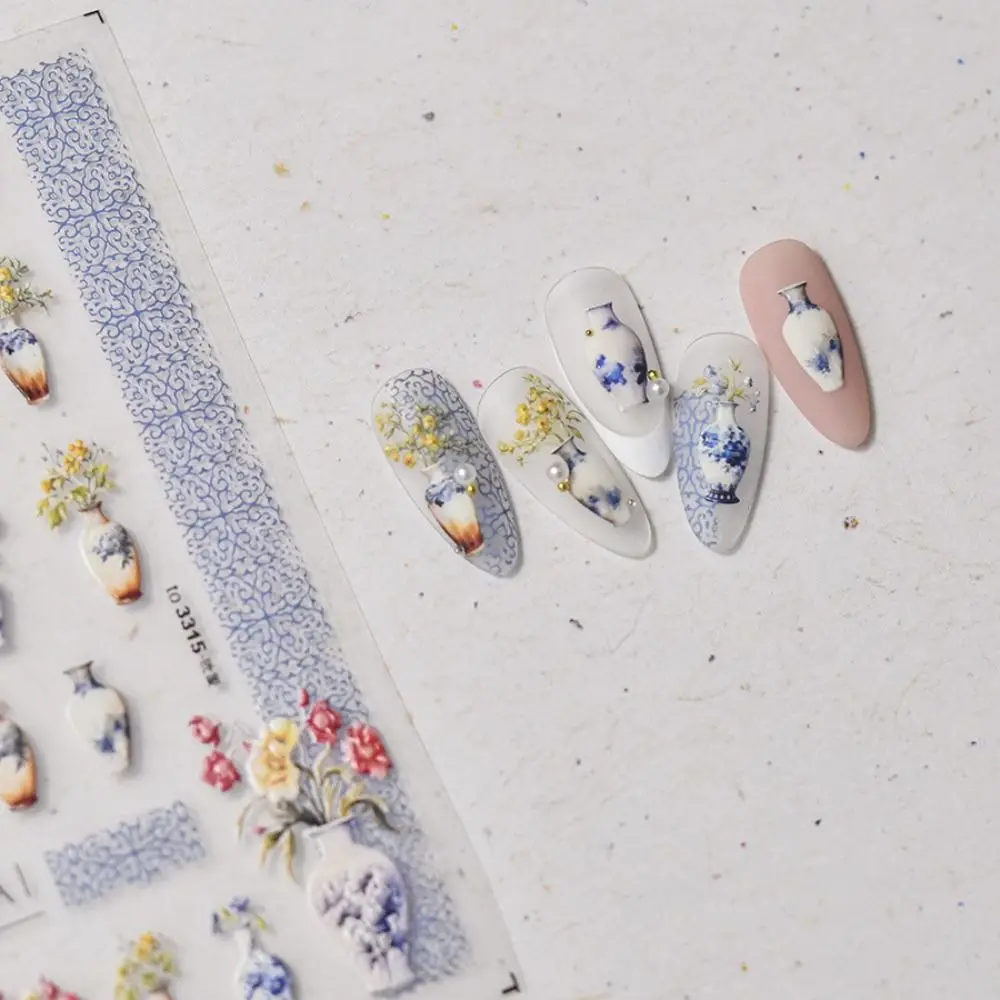 Pegatinas de flores chinas para uñas, adornos de manicura, Serie de flores, jarrón de porcelana, calcomanías para uñas, glicina púrpura