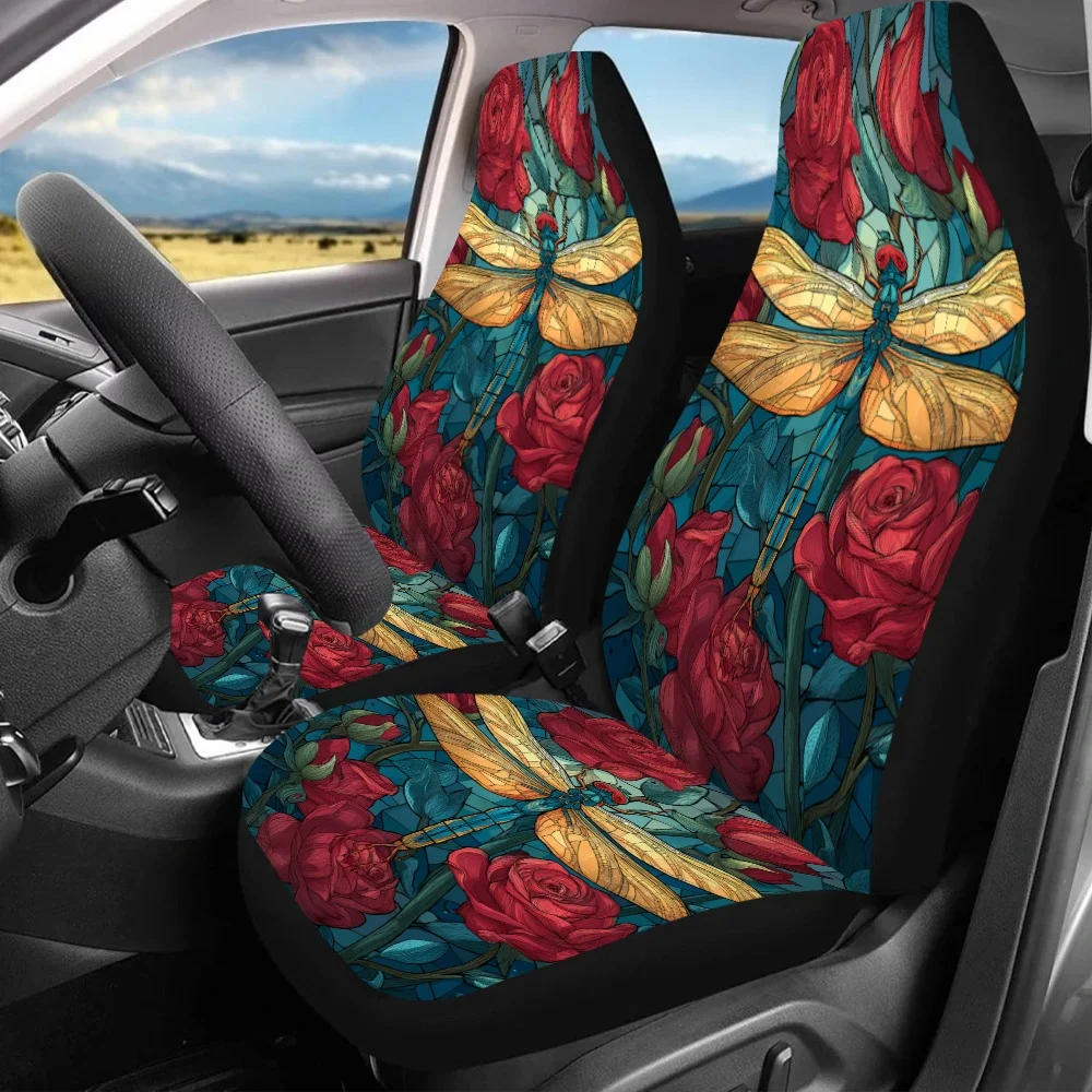 2pcs Dragonfly Among Roses Print Car Seat Covers, Universal Front Seat Protectors For Cars And SUV Sedans, Enhance Driving Pleas