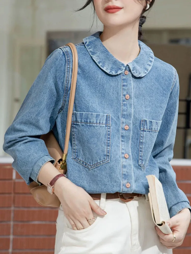 Korean style Vintage Denim Shirt Women Top Peter Pan Collar Blouse New Arrival Spring/Autumn Fashionable Blouse