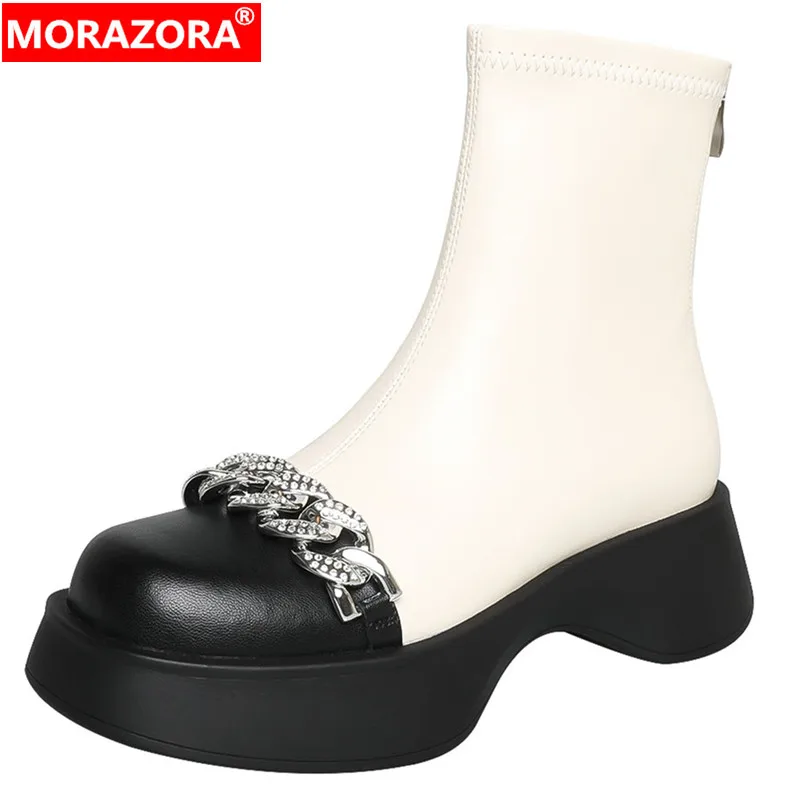 

MORAZORA 2024 New Stretch Fabric Mixed Colors Ankle Boots Zipper Square Med Heels Stretch Boots Rhinestone Platform Autumn Boots