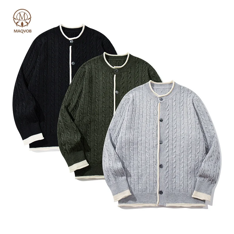 MAQVOB Retro Street Color-Block Cable Knit Button Sweater Unisex College Holiday Office Travel Loose Fit Oversize Casual Sweater