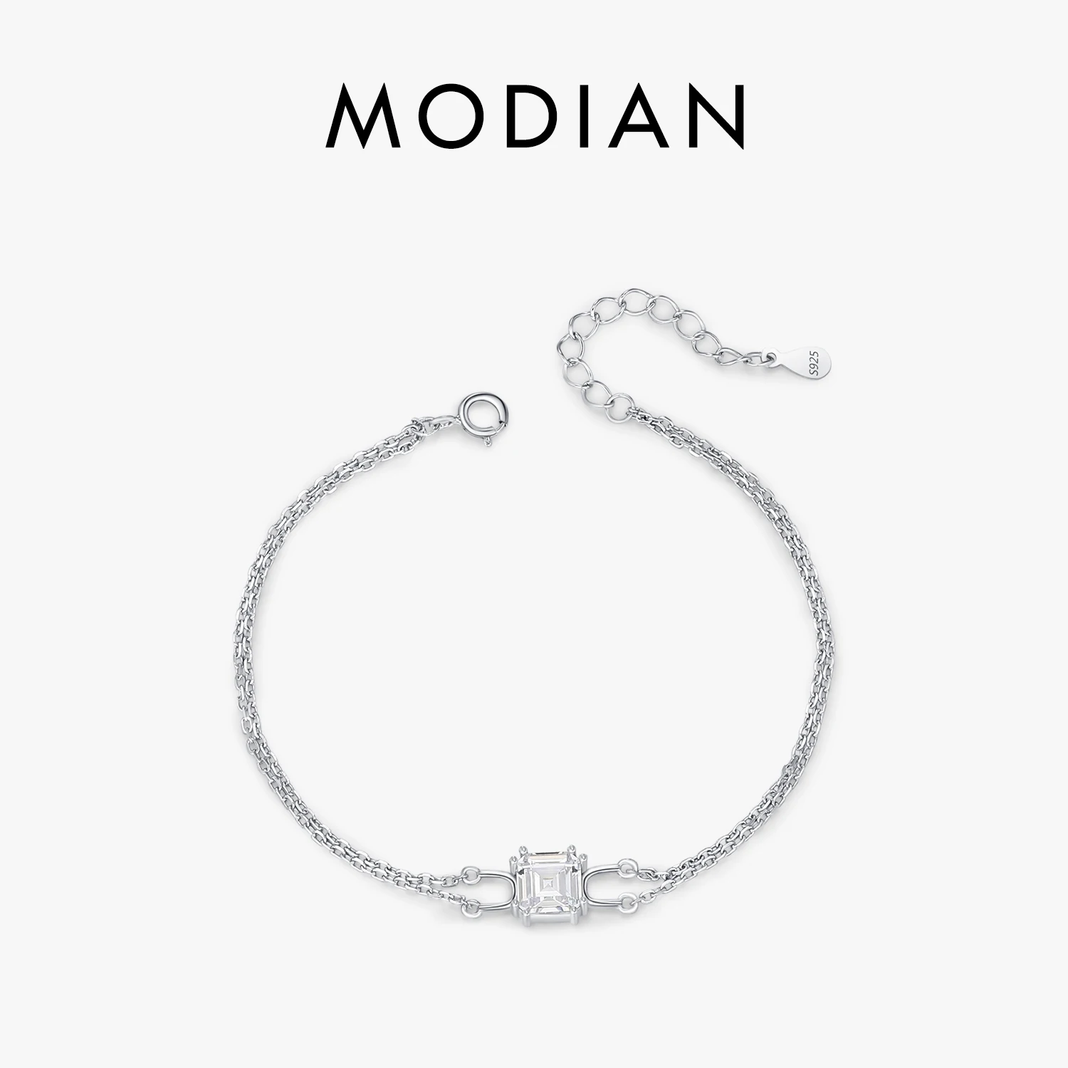 MODIAN 925 Sterling Silver Double Layer Link Chain Bracelet Shiny Square Emerald Cut Biżuteria ślubna dla kobiet Prezent rocznicowy