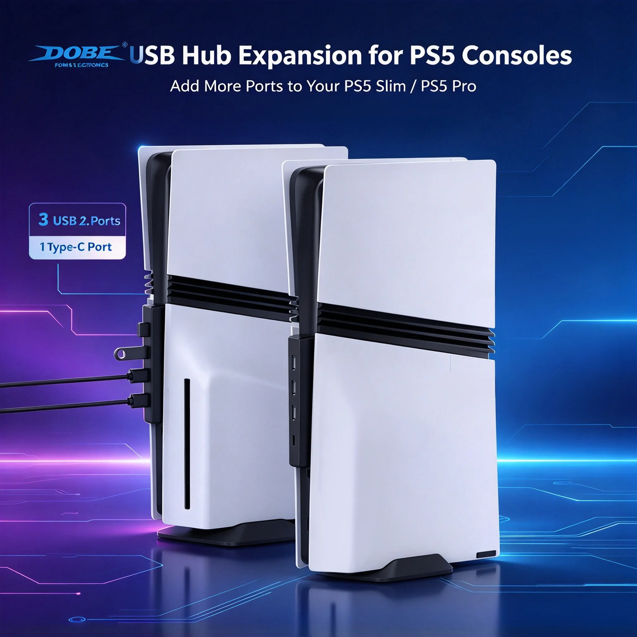 USB Hub for PS5 Slim PS5 Pro 3 Port USB 2.0 Extender Type-C Charging Port Data Transfer Side Mount Adapter Accessory Black