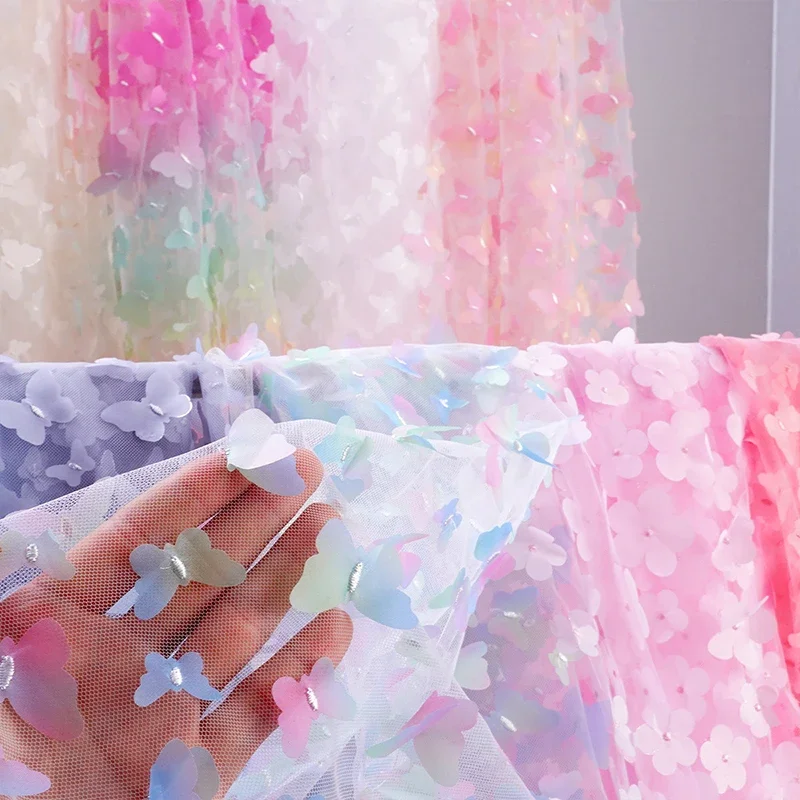 1 YARD 3D ปักผีเสื้อผ้าตาข่าย Rainbow Gradient หัตถกรรมผ้า Tulle DIY ชุด STAGE เครื่องแต่งกายเย็บผ้า