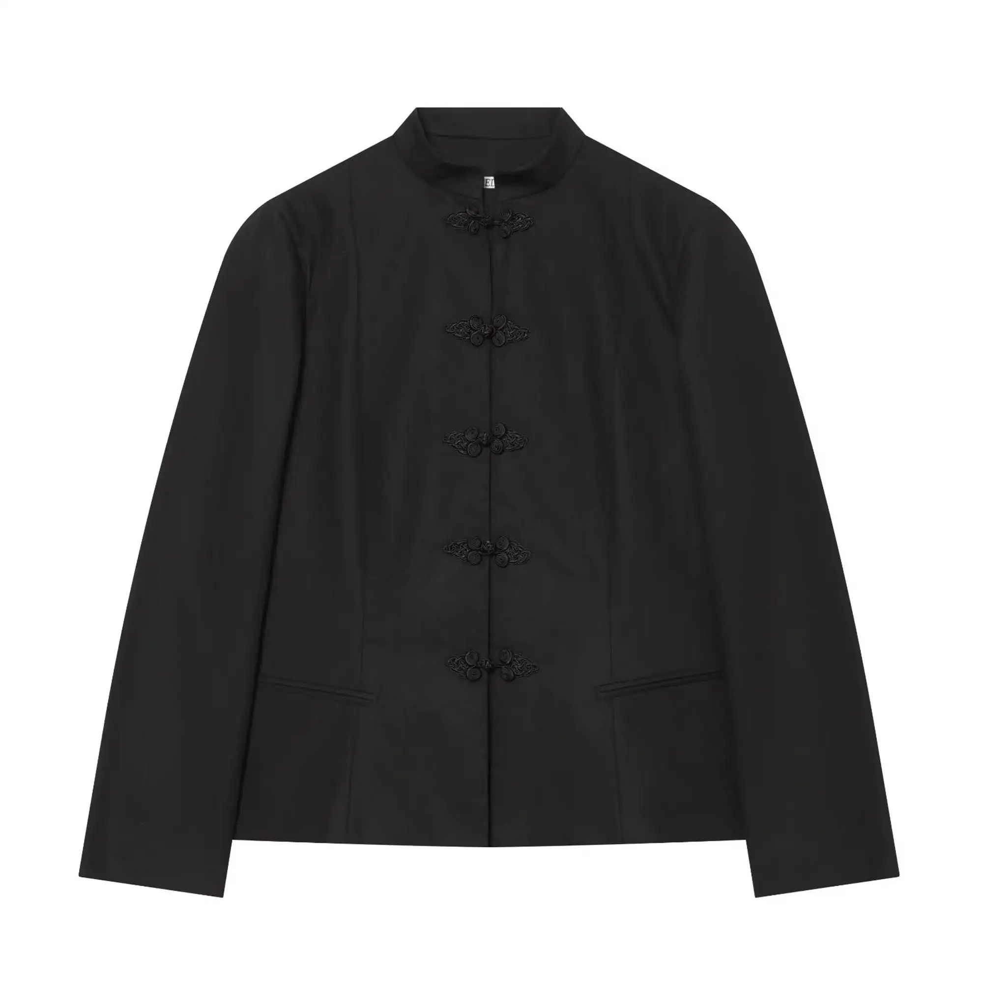 New Women Stand Collar Blazer Elegant Slim Waist Single Row Button Chinese Style Jacket Solid Simple Female Outerwear