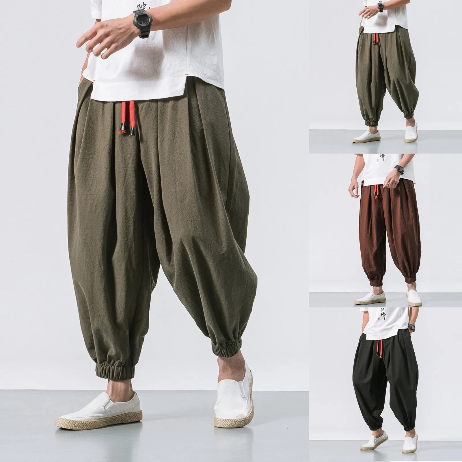 

Men'S Fashion Bloomers Summer Solid Color Casual Cropped Pants Drawstring Elastic Waist Loose Wide Legs Bloomers With Pockets