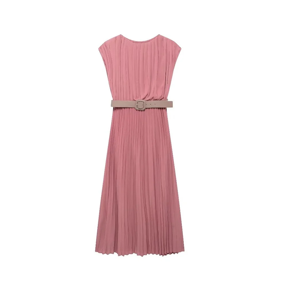 

UNIZERA2024 Summer New Product Casual Women's Fashion Round Neck with Belt Sleeveless pleated Midi Dress