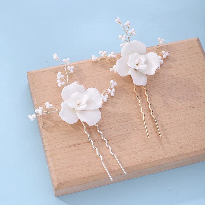 3PCS Set Handmade White Ceramic Flower Bridal Little Hair Hairpin Pearl Wedding Headpiece Floral Classic Hair Accessories