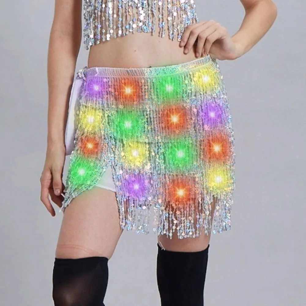 Belt Wrap Belly Dance Hip Scarf Shiny Lace-up Light Up Hip Scarf Star Fringe Night Club LED Sequin Tassel Skirts Festival