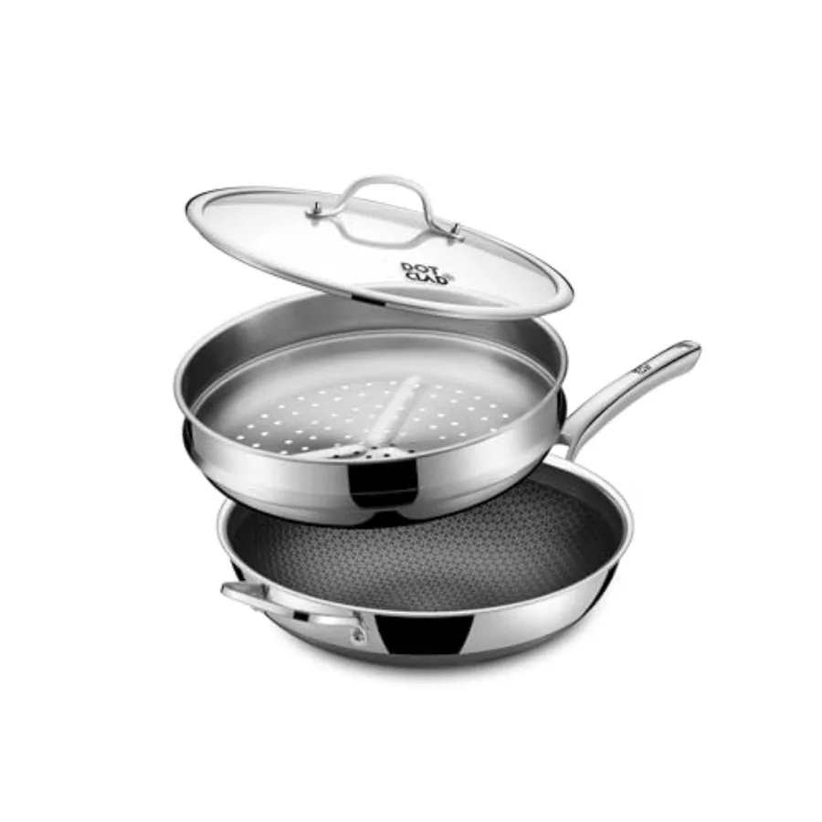 Wok híbrido de acero inoxidable con tapa y cesta para cocinar al vapor, sartén antiadherente sin PFOA, apto para inducción, lavavajillas y horno.