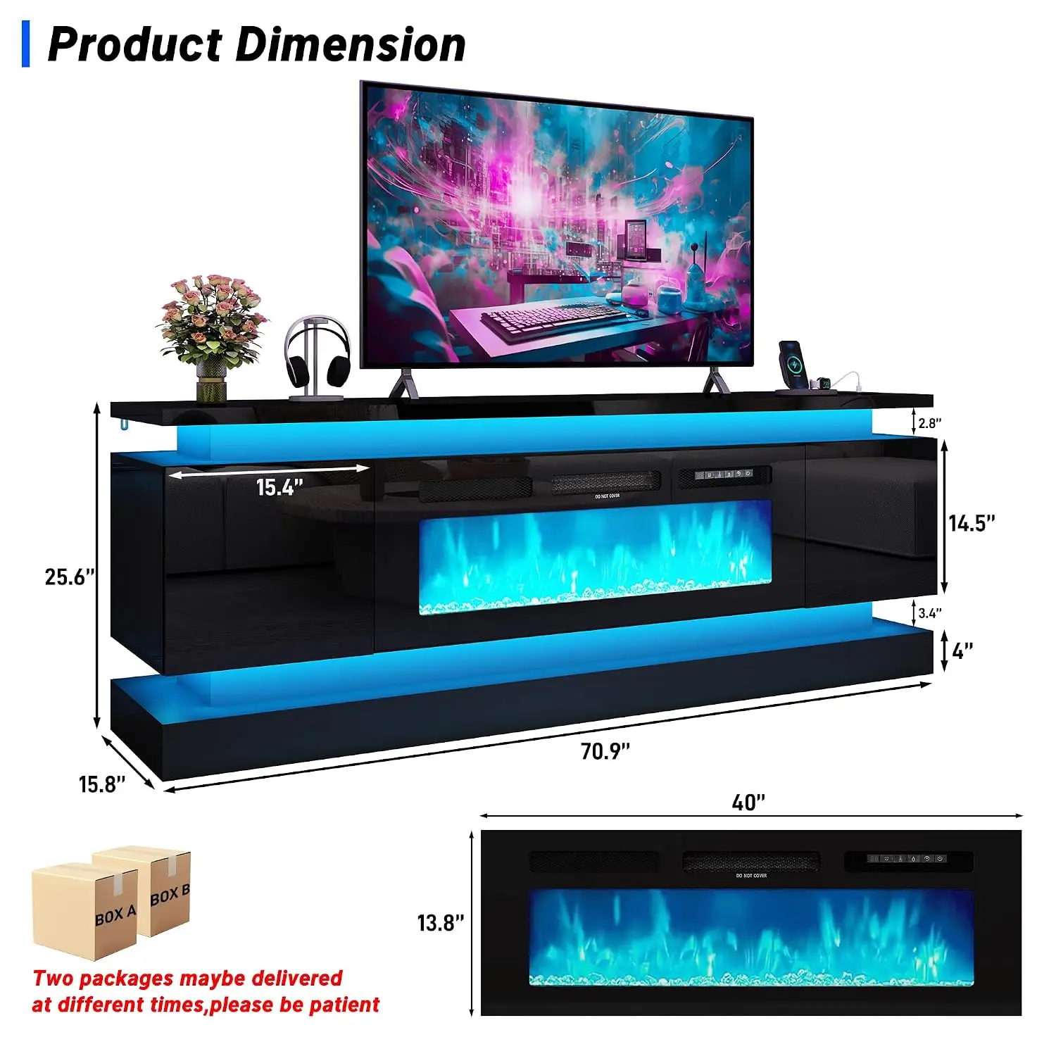 71IN TV Stand w/ Fireplace & Outlet for 85/80/75 Inch TVs, Media Console Gaming Storage Cabinets & LED Lights, Customized