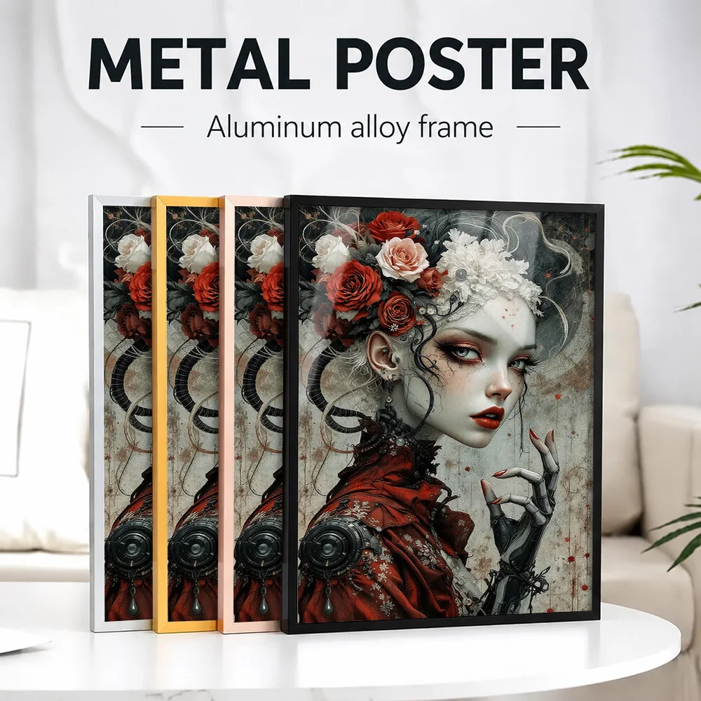 Fantasy Cyborg Woman Adorned Featuring Roses Framed Metal Print Personalized Photo Mystical Graphic Style Wall Art For Bedroom