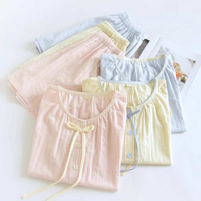 Summer Solid Color Pajama Set Cute Bow Applique Women's Short Sleeve Shorts Two Piece Set Home Clothes