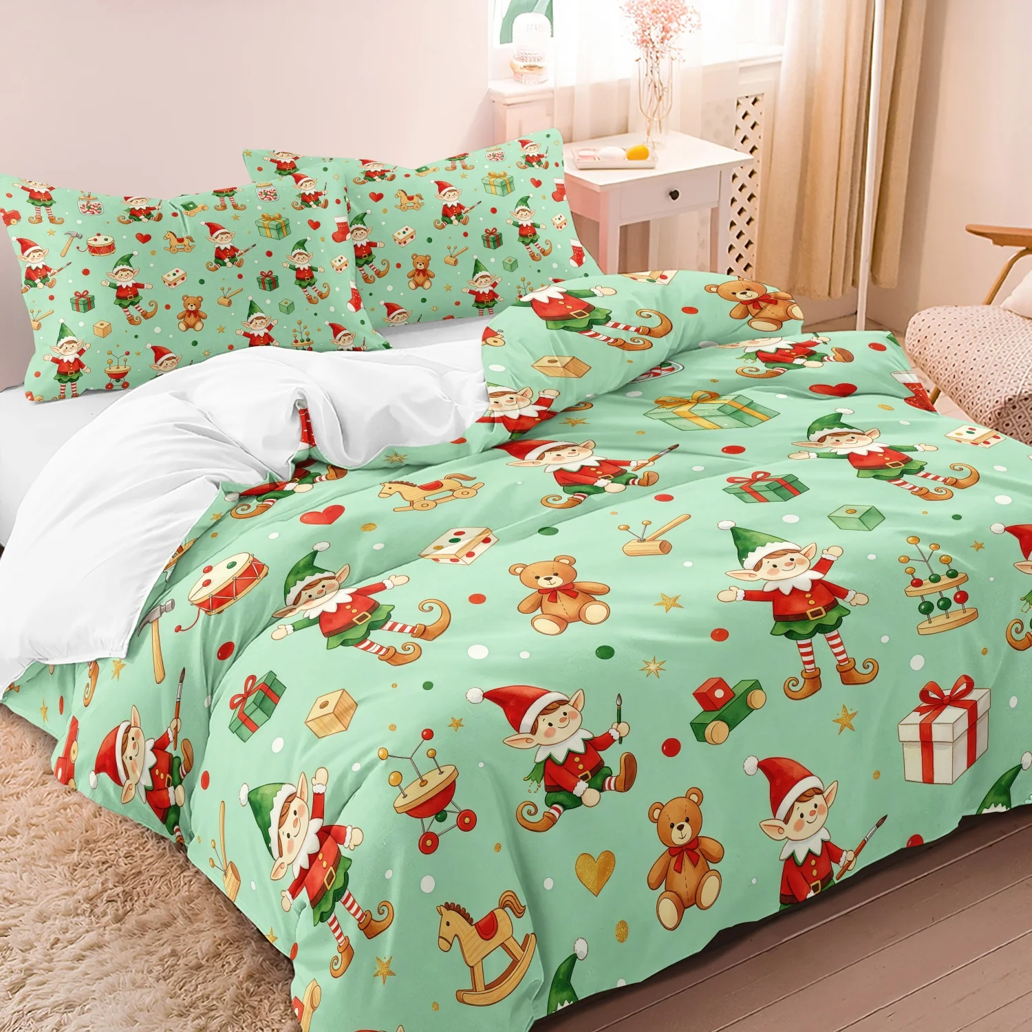  3Pcs Christmas Elf Bedding Set, Elf Bear Present Print Duvet Cover, Cute Holiday Winter Festive Home Bedroom Decoration
