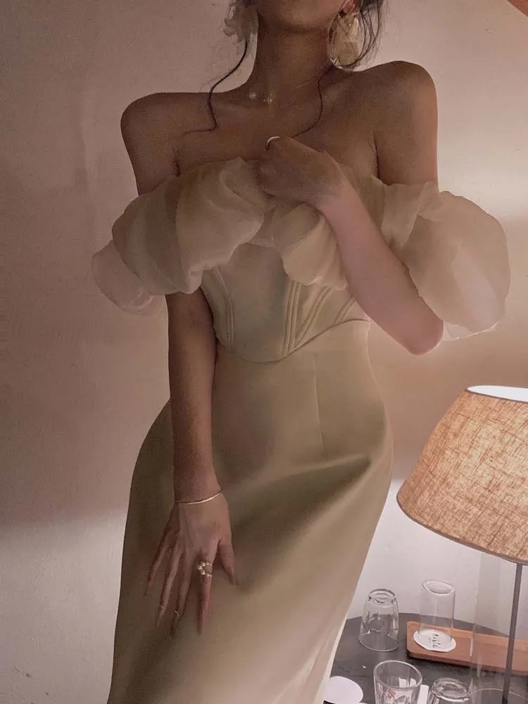 

Women's Sleeveless Evening Gown Midi Dress Off The Shoulder Sexy Slim Dresses Birthday Party Elegant Lady Fashion Spring Summer