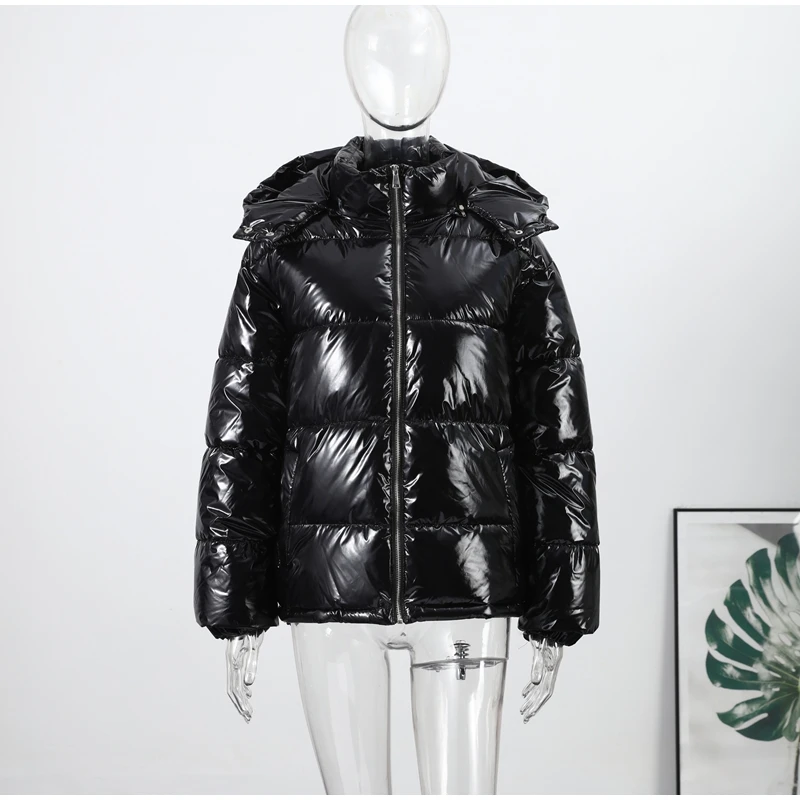 Fashion Glossy Padded Jacket Women's Solid Hooded Long Sleeve Zipper Warm Down Coat 2026 Autumn Winter New Lady Casual Outerwear