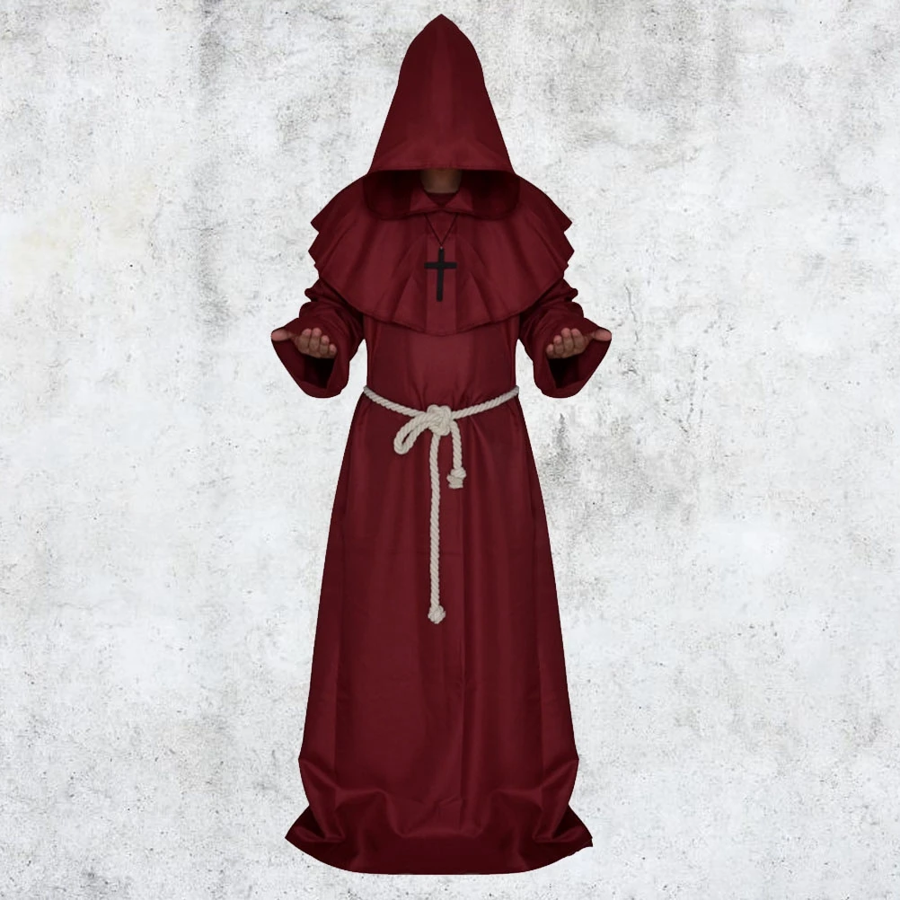 

Hooded Medieval Monk Robe Cosplay Cloak For Halloween Wizard Sorcerer Dark Red Size Included Party Dress Up Suit Adult