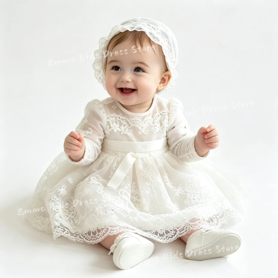 Custom White Lace Baby Christening Gown with Matching Bonnet, Long Sleeve First Communion Dress Infant Baptism Out