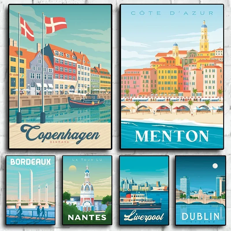 Europe Travel Poster Aesthetic France City Menton DublinTour Painting Wall Art Home Decoration Office Room Decor Canvas Posters