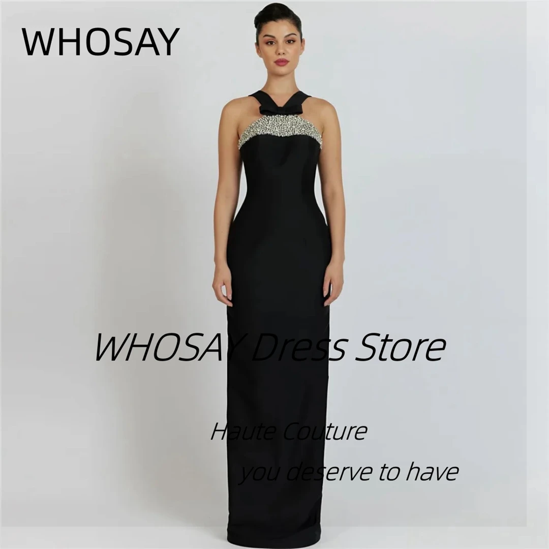 WHOSAY Customized Black Sheath Dresses for Special Occasion Beaded Neckline Prom Dress Zipper Back Long Maid of Honor Party Gown