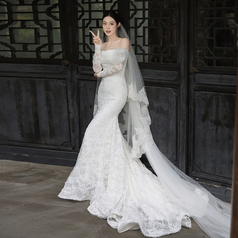Gaun Pengantin Mermaid Putih Tanpa Bahu Lengan Panjang Berbahan Renda untuk Wanita, Gaun Pengantin Model Court Train yang Dapat Disesuaikan, Vestidos De Novia