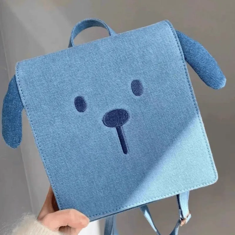 JIAERDI Zaino per cuccioli blu dolce e carino Zaino da donna in denim quadrato di grande capacità da donna Harajuku Zaino versatile per il pendolarismo quotidiano