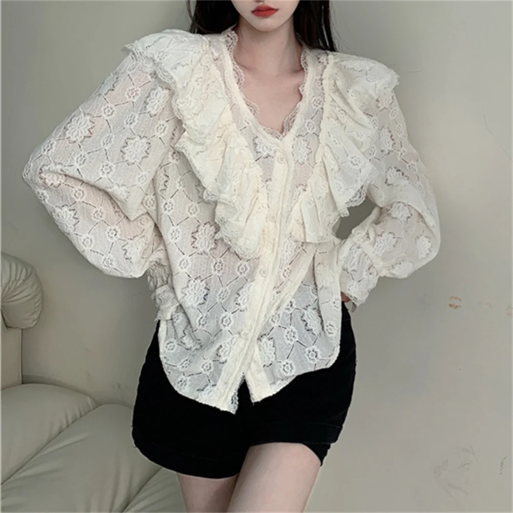 Spring Lace Shirts Women Florals Sweet Ruffles Chic 2023 Full Sleeve V-Neck Bottoming Gentle Fashion New Slim Mujer