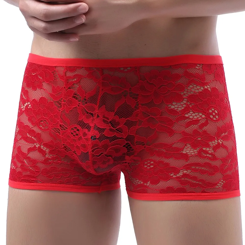 

Mens Sexy Transparent Lace Boxer Briefs Full Lace See Through Underpants U Convex Pouch Panties Gay Shorts Erotic Underwear