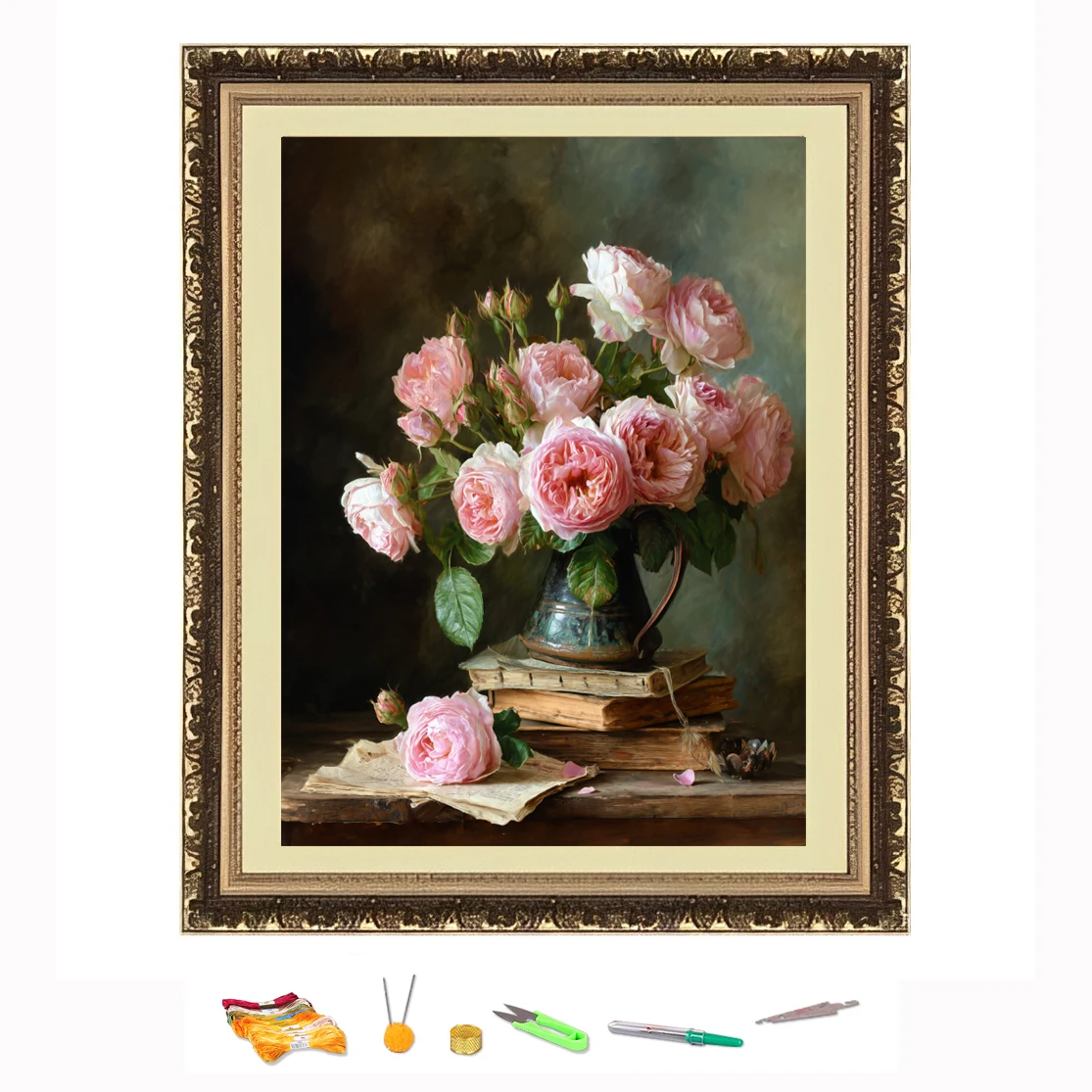 

Cross Stitch Embroidery Pink rose Thread Drawing DIY Needlework Kit Decorate Printed on Canva 11CT
